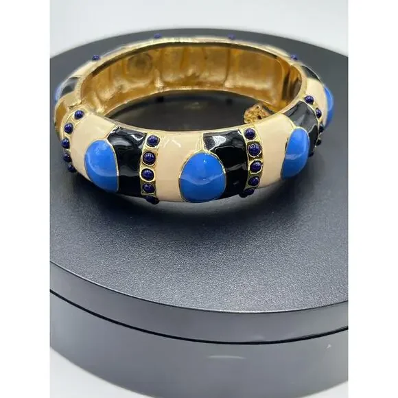 J. Crew Blue Enamel Tan Gold Tone Hinged Safety Chain Bangle Bracelet